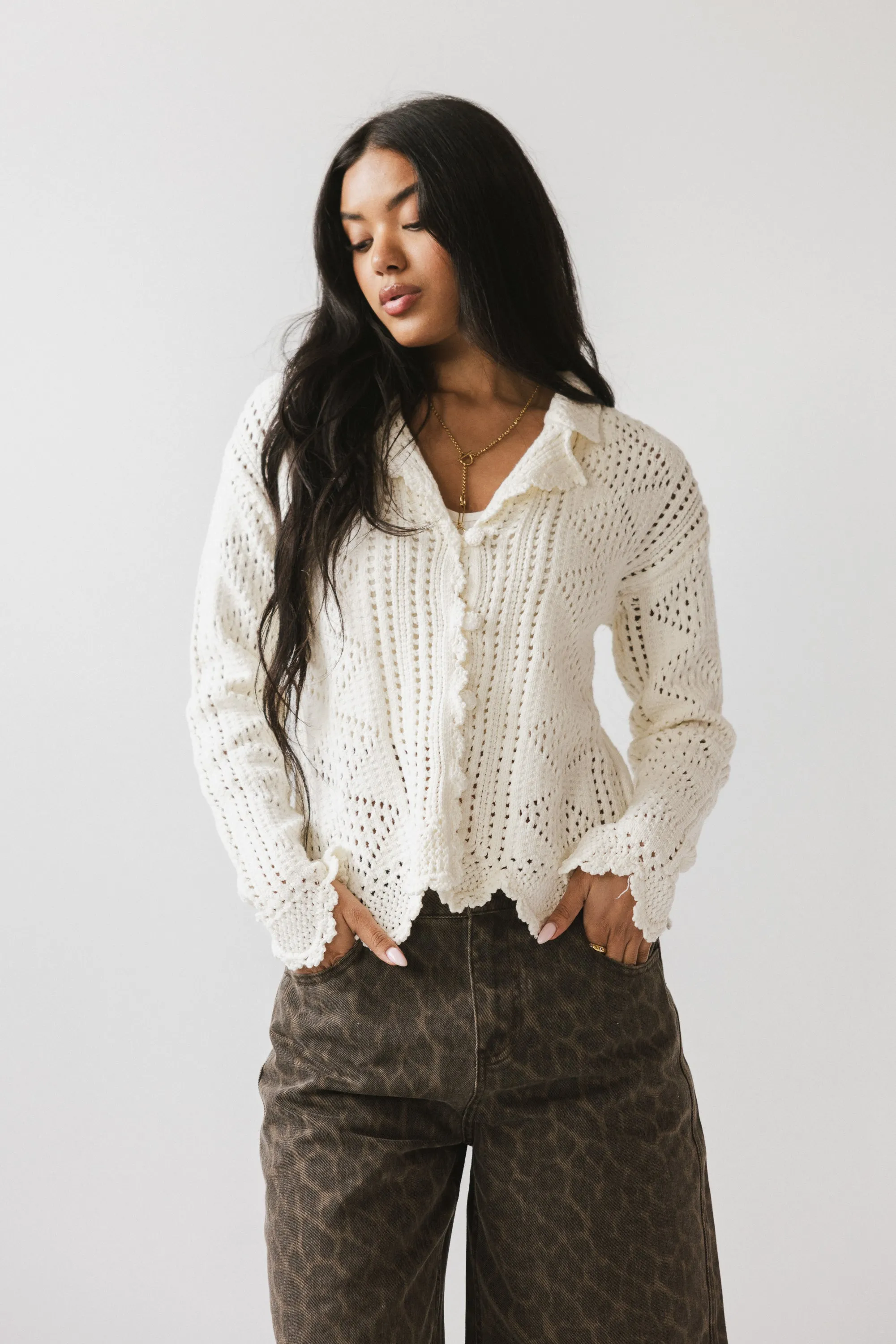 Mary Crochet Cardigan in Off White sold by bohme