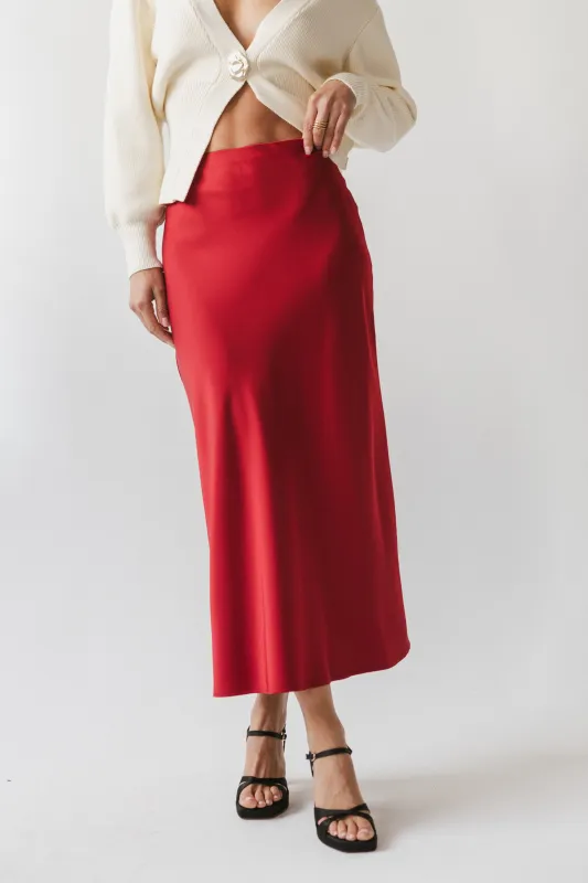 Tory Satin Maxi Skirt in Red-Brown sold by bohme