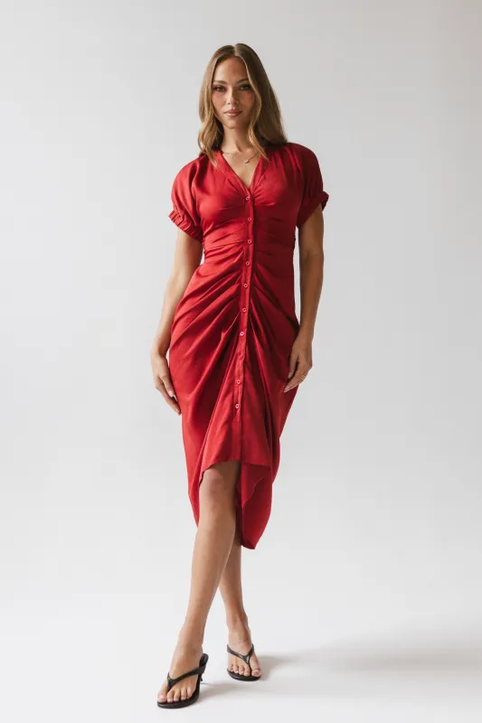 Opie Satin Midi Dress in Red-Orange sold by bohme