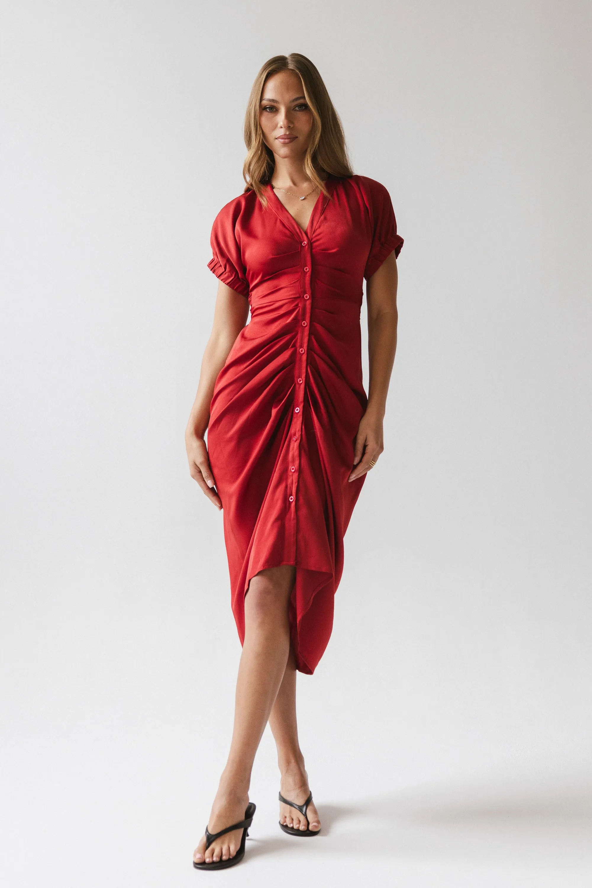 Opie Satin Midi Dress in Red-Orange sold by bohme