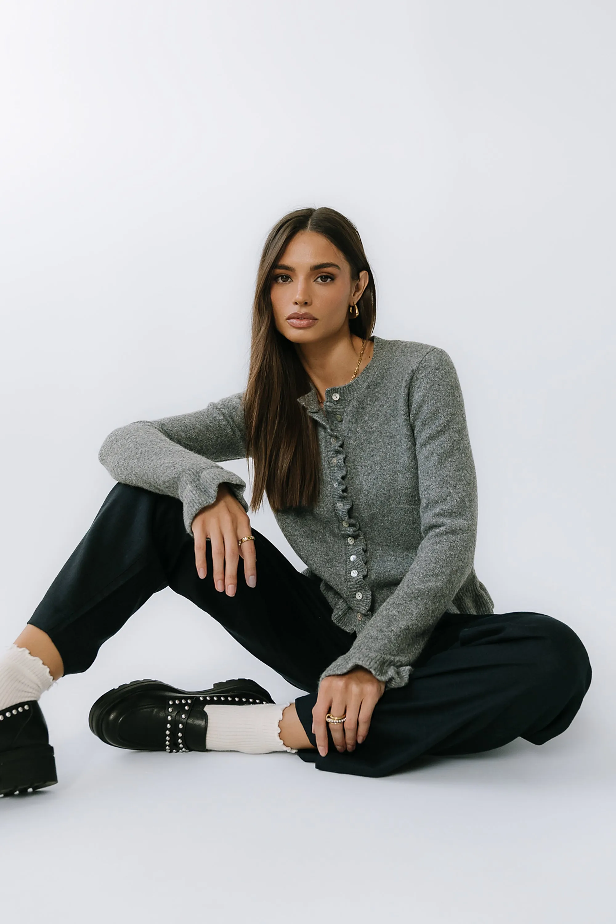 Rosie Ruffle Sweater in Heather Grey sold by bohme