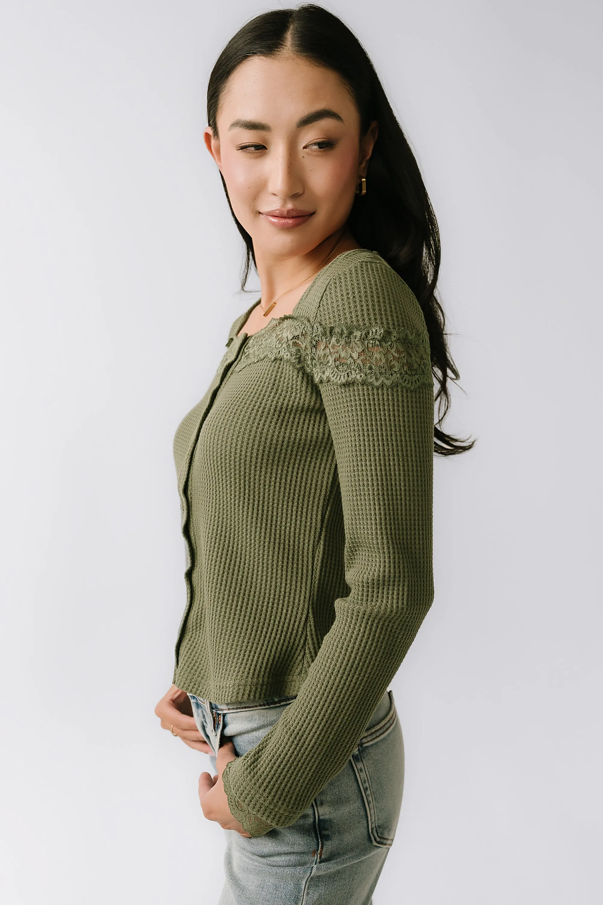 Kandice Waffle Knit Top in Olive sold by bohme product image thumbnail 3