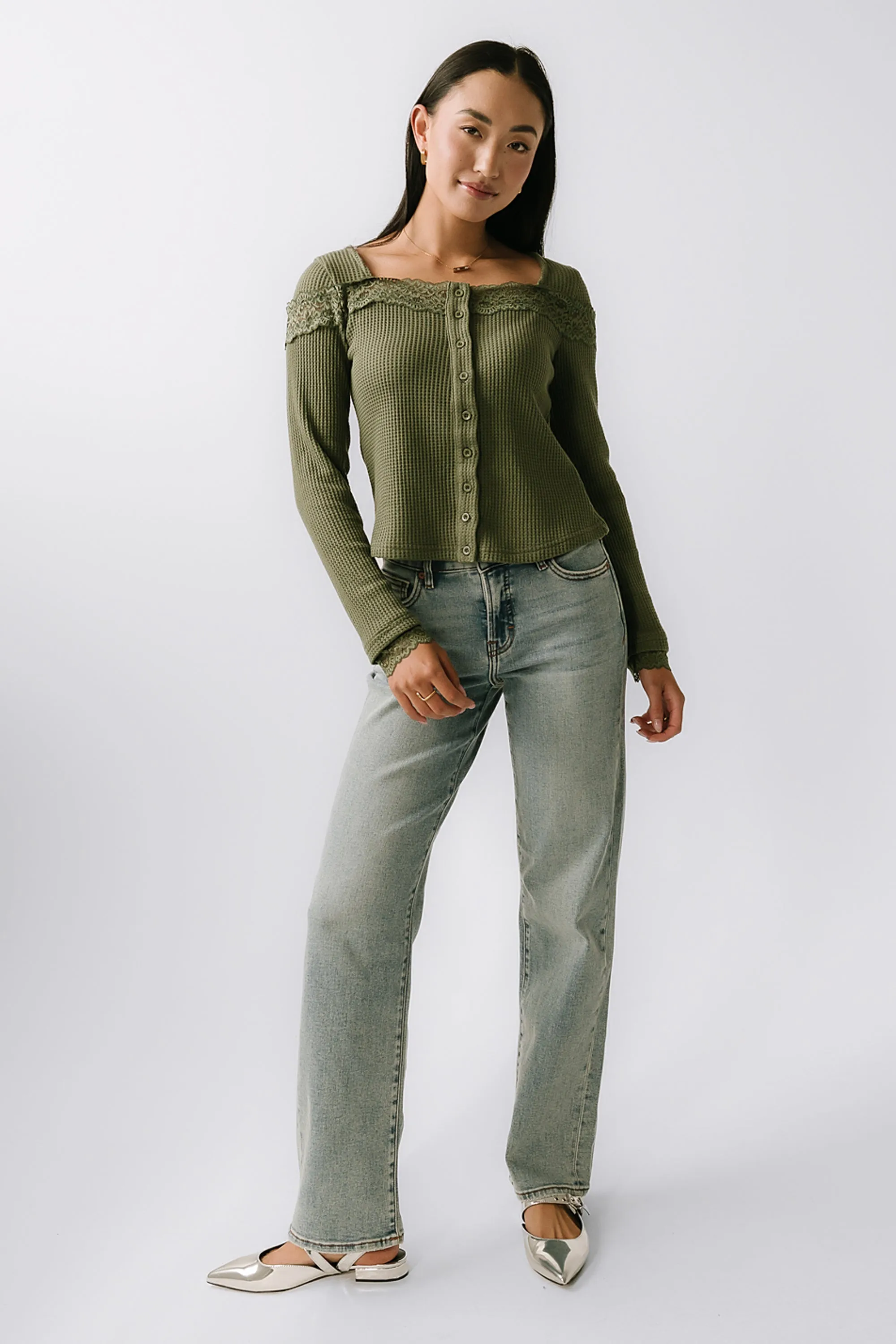 Kandice Waffle Knit Top in Olive sold by bohme