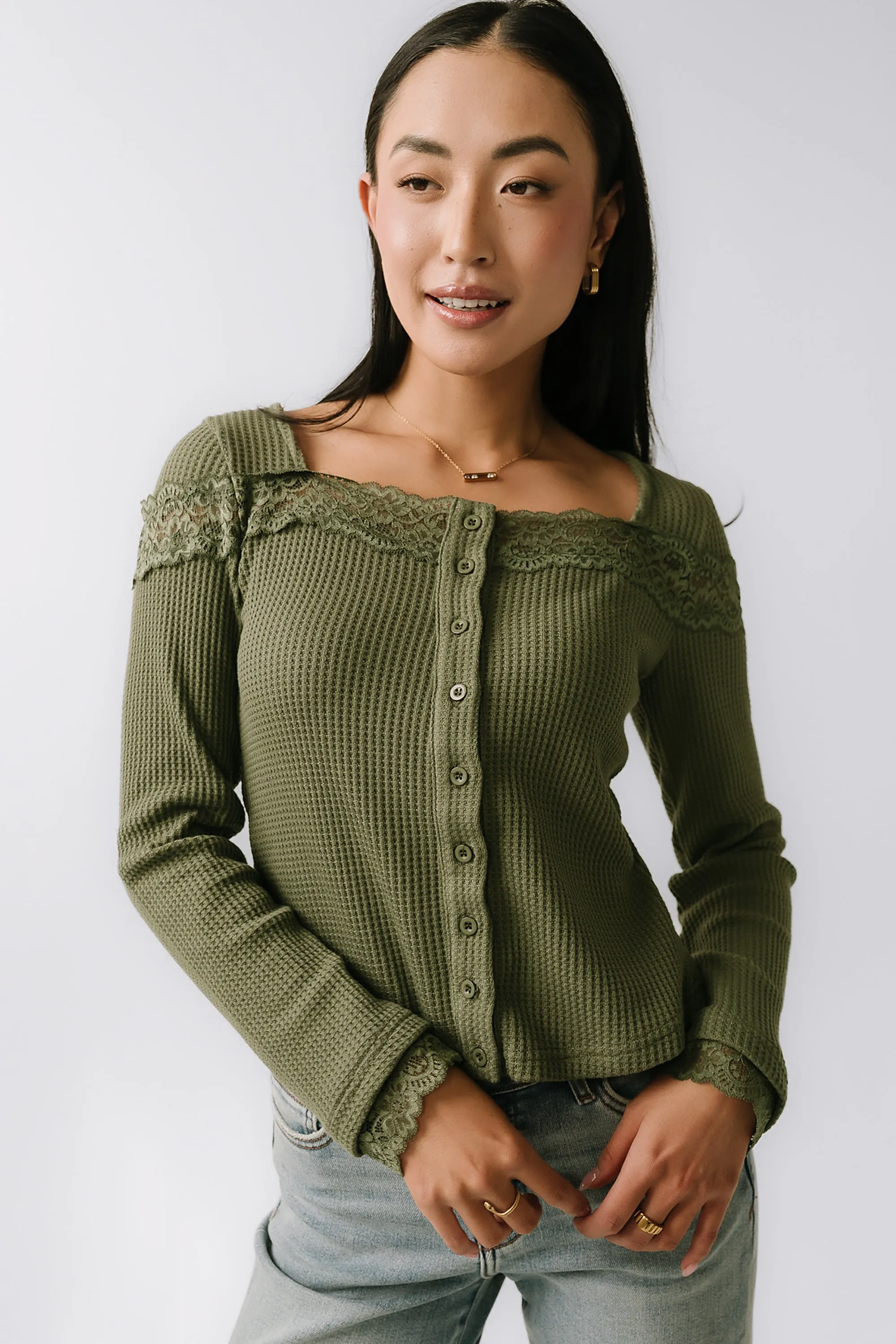 Kandice Waffle Knit Top in Olive sold by bohme product image thumbnail 2