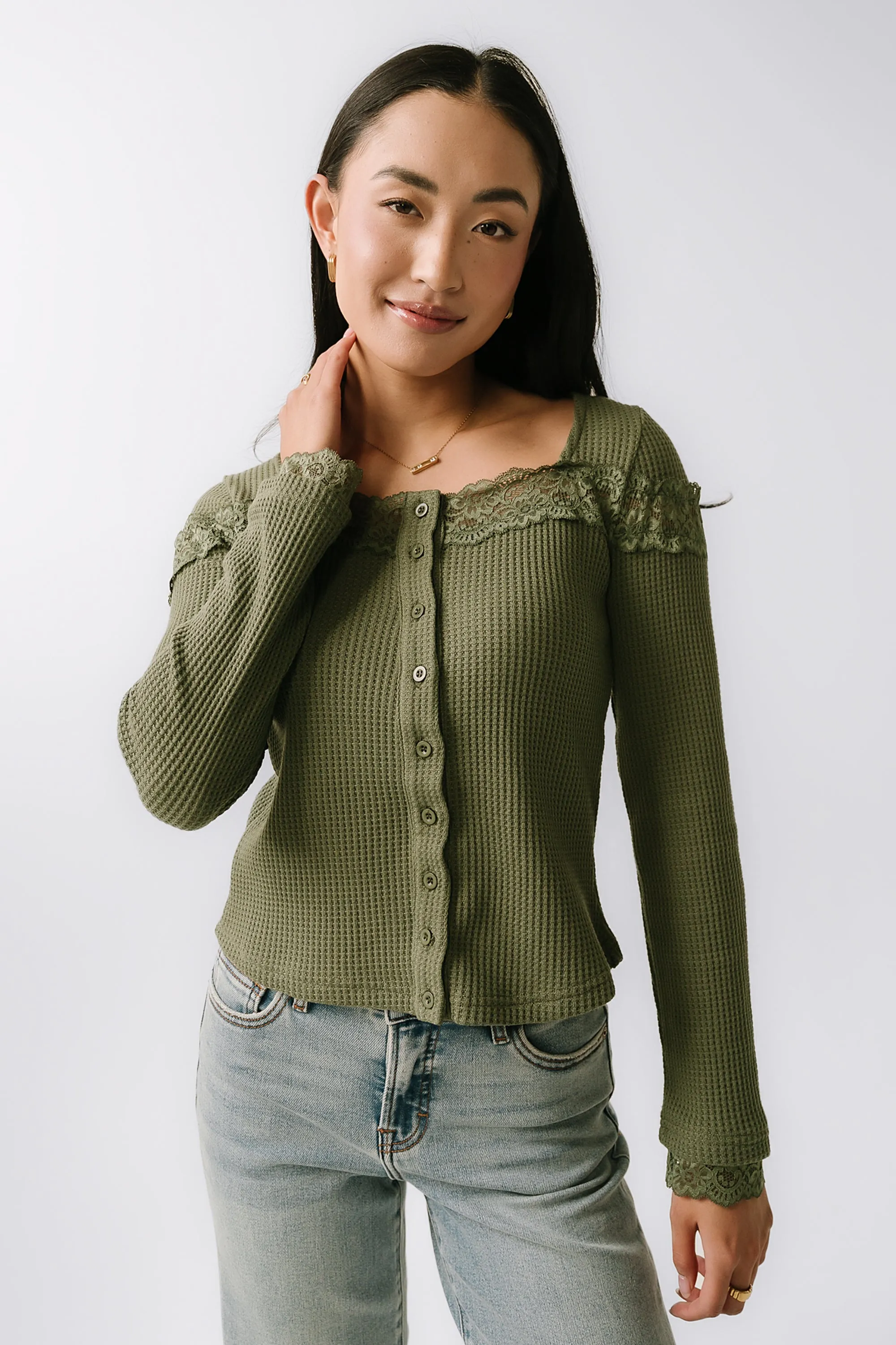 Kandice Waffle Knit Top in Olive sold by bohme product image thumbnail 5