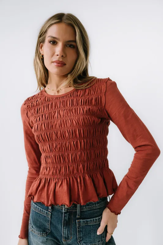 Harry Smocked Top in Brick sold by bohme