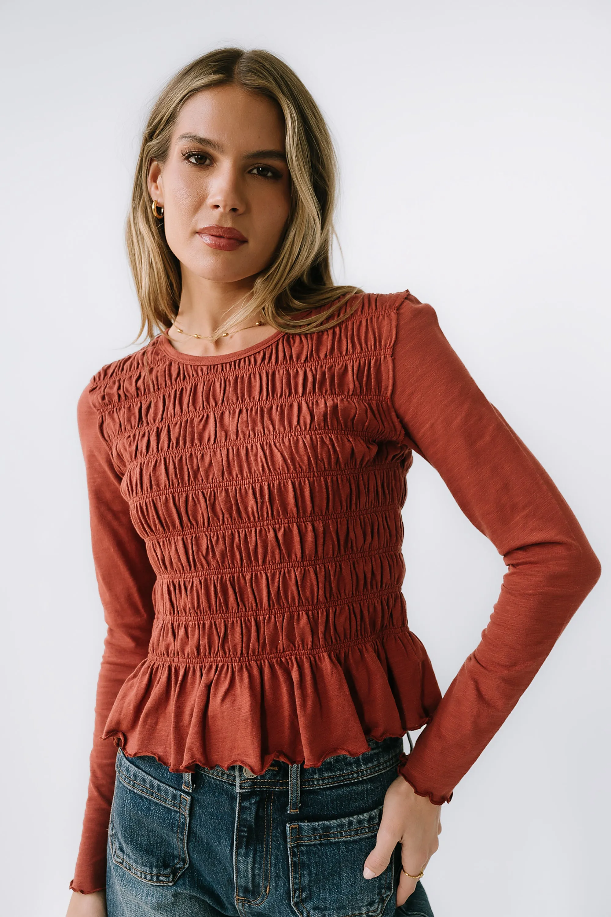 Harry Smocked Top in Brick sold by bohme