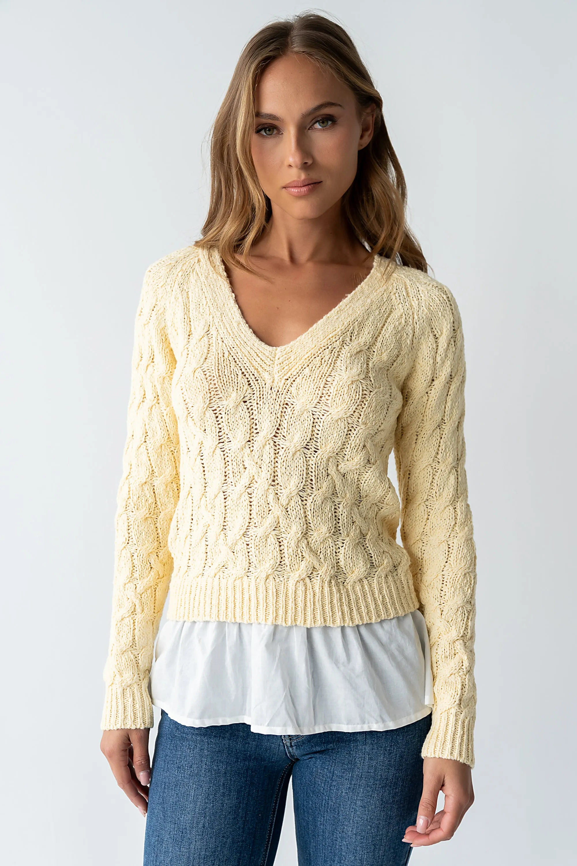Zeke Cable Knit Sweater in Yellow sold by bohme