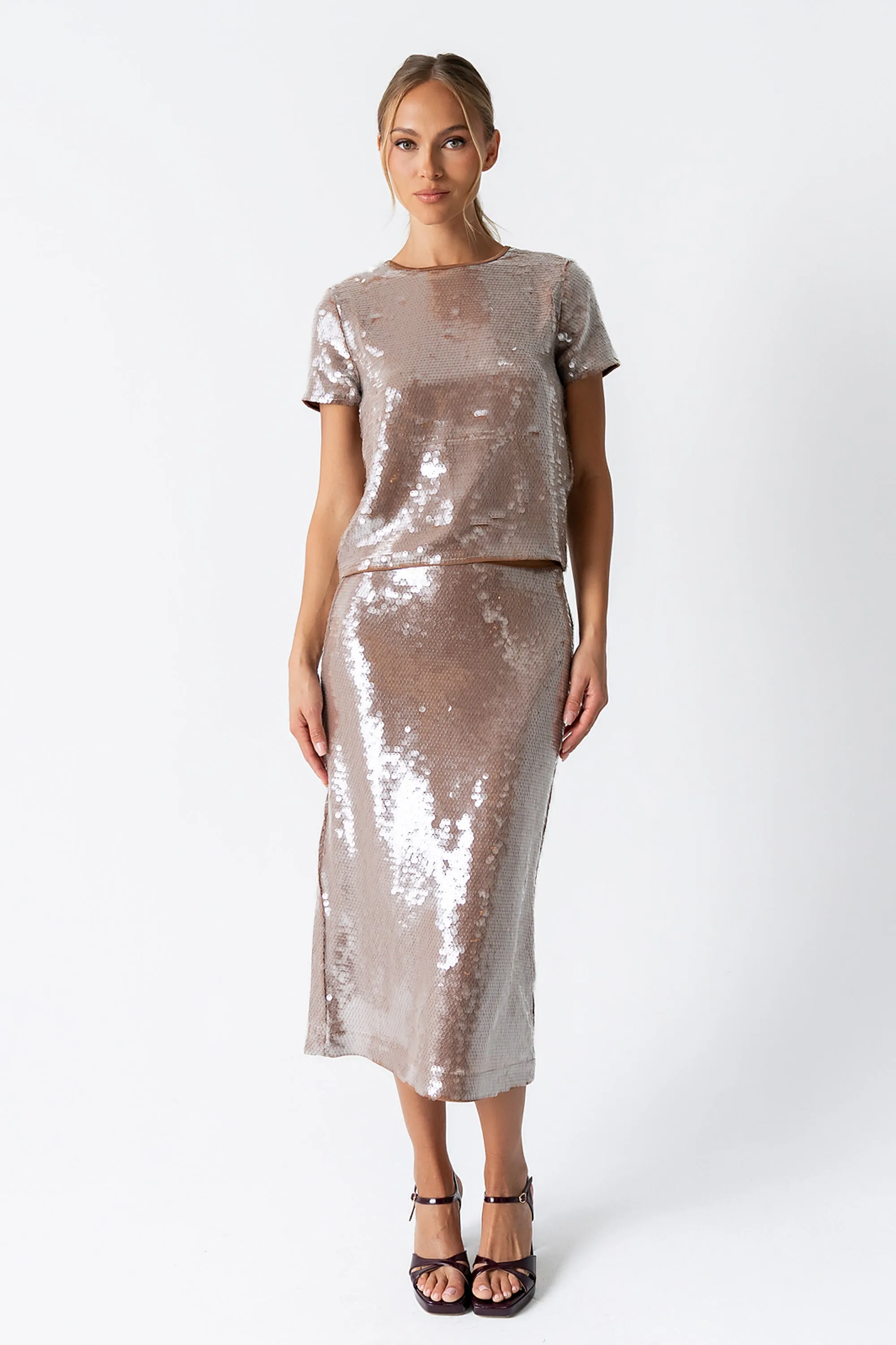 Presley Sequin Midi Skirt in Tan sold by bohme product image thumbnail 4