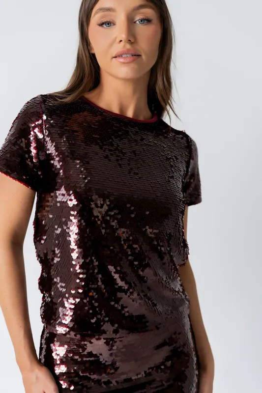 Presley Sequin Top in Burgundy sold by bohme