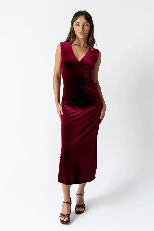 Kalani Velvet Maxi Dress in Burgundy sold by bohme