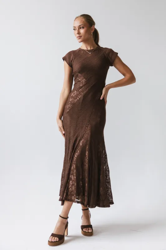 Kameron Lace Maxi Dress in Brown sold by bohme