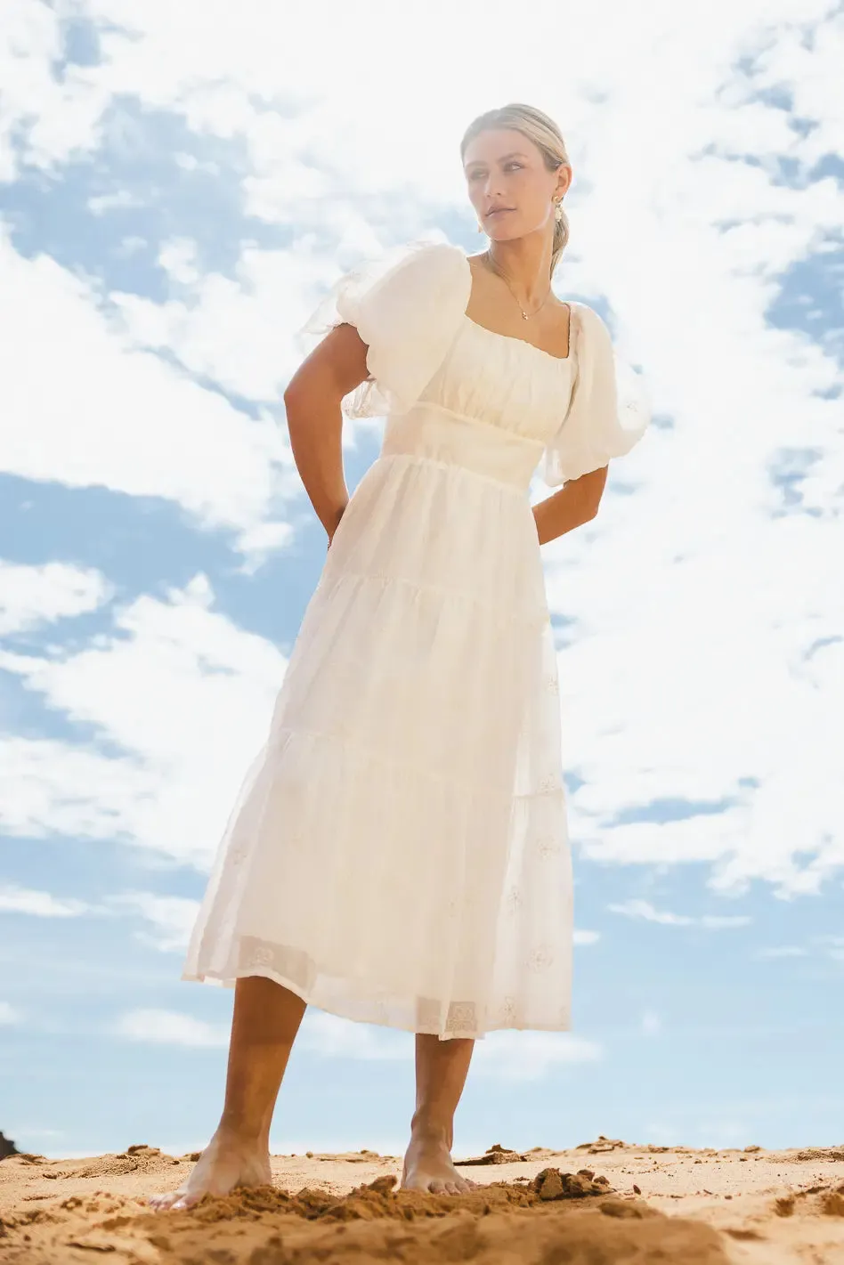 Floral Embroidered Puff Sleeve Dress in Cream - FINAL SALE sold by bohme