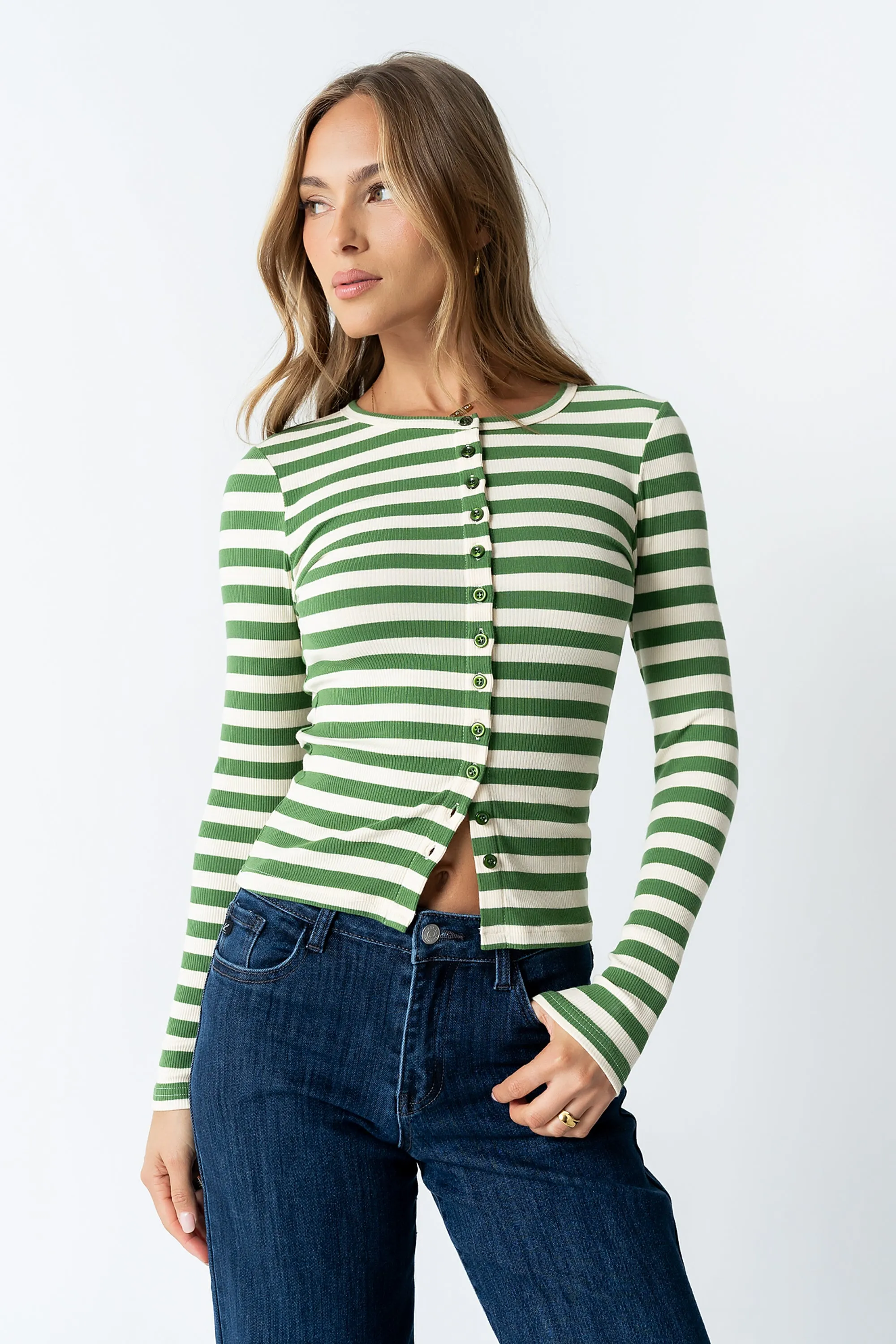 Mia Button Up Top in Striped Green sold by bohme product image thumbnail 4