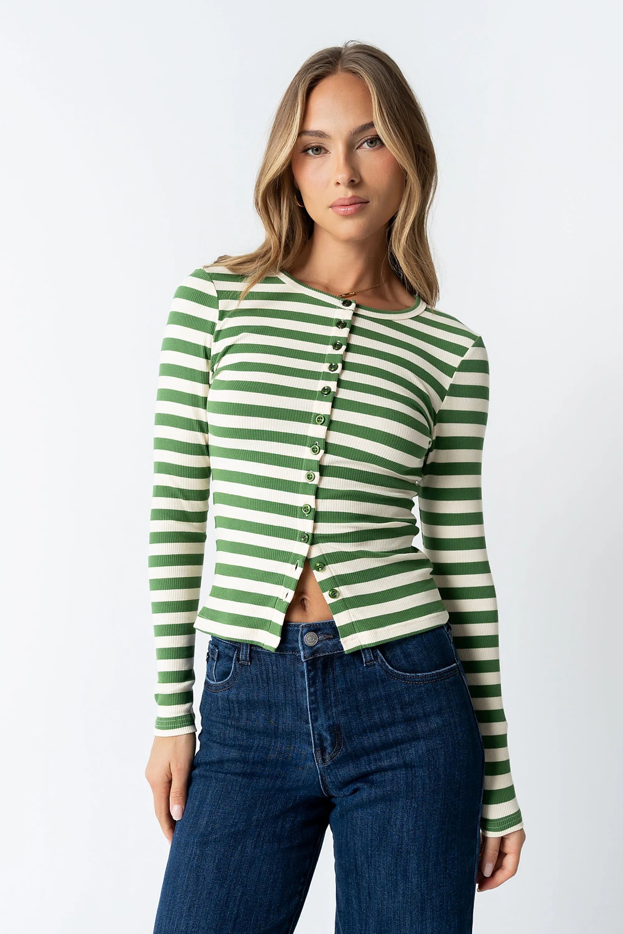 Mia Button Up Top in Striped Green sold by bohme product image thumbnail 2