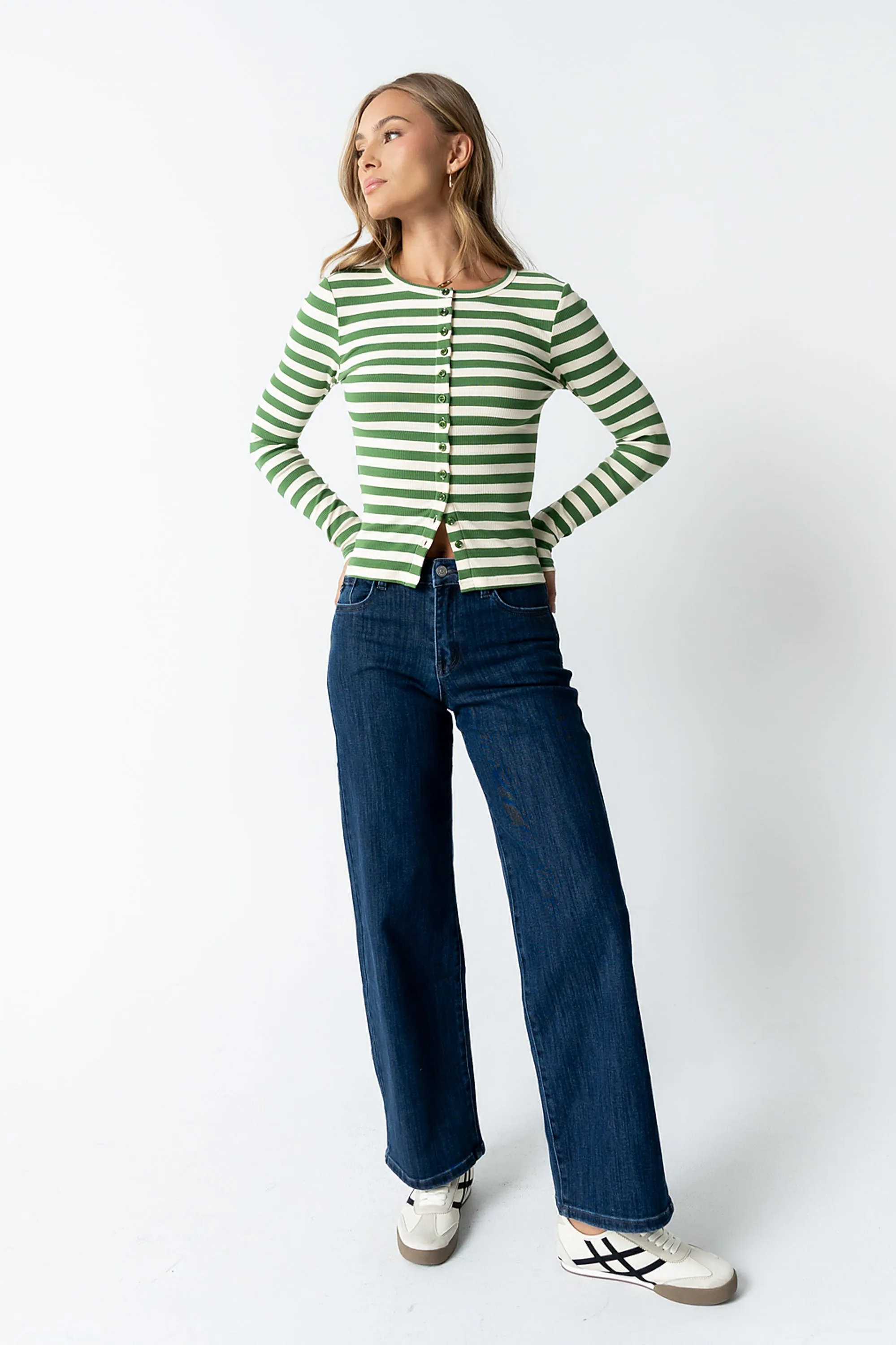 Mia Button Up Top in Striped Green sold by bohme product image thumbnail 3