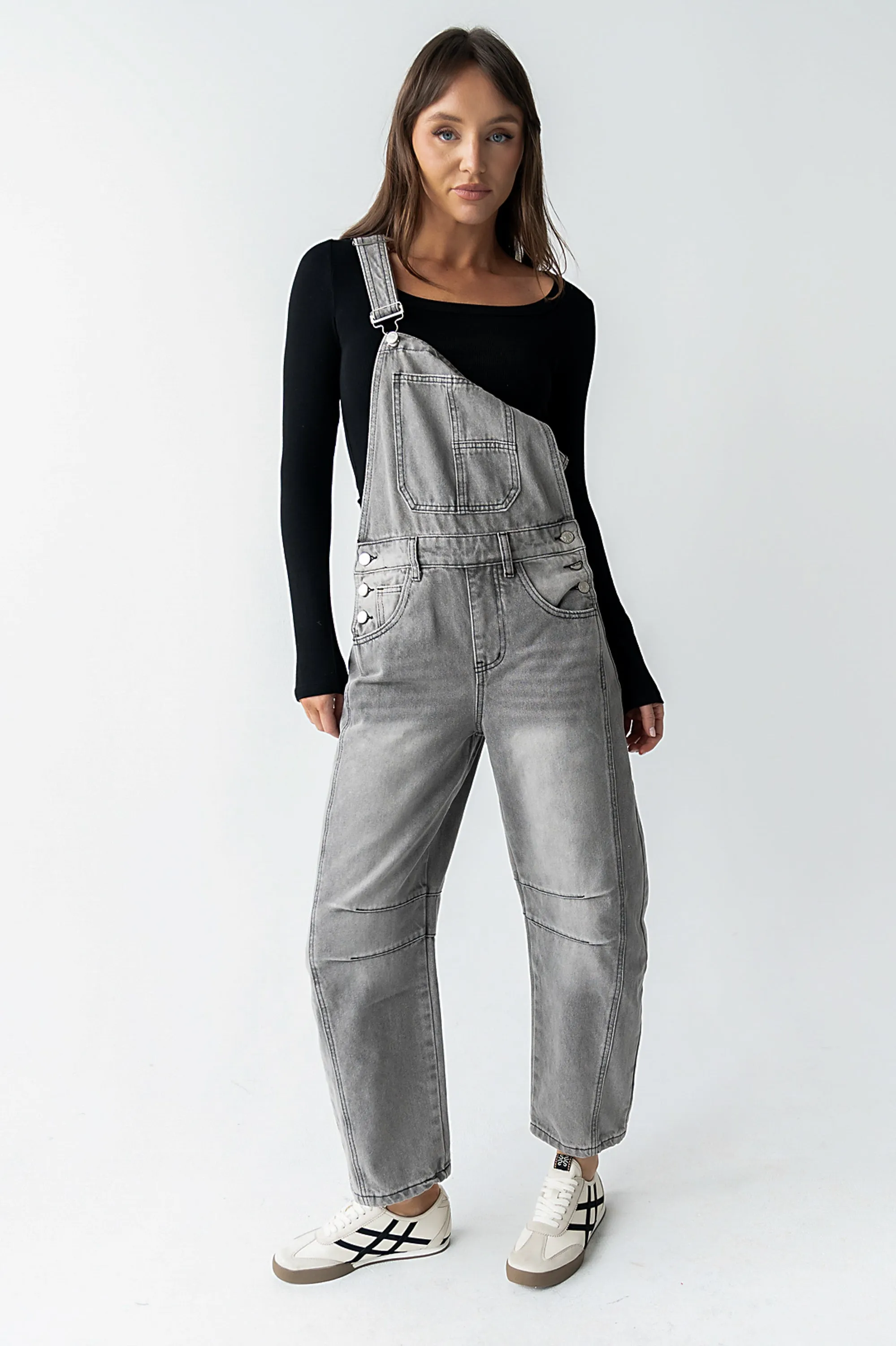 Tansy Denim Overalls in Grey sold by bohme