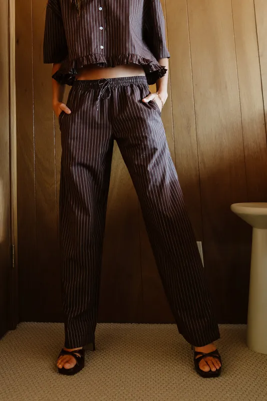 Melody Pinstripe Wide Leg Pants in Dark Brown sold by bohme