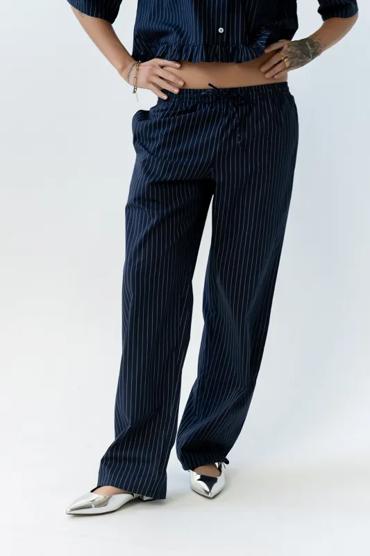 Melody Pinstripe Wide Leg Pants in Navy sold by bohme