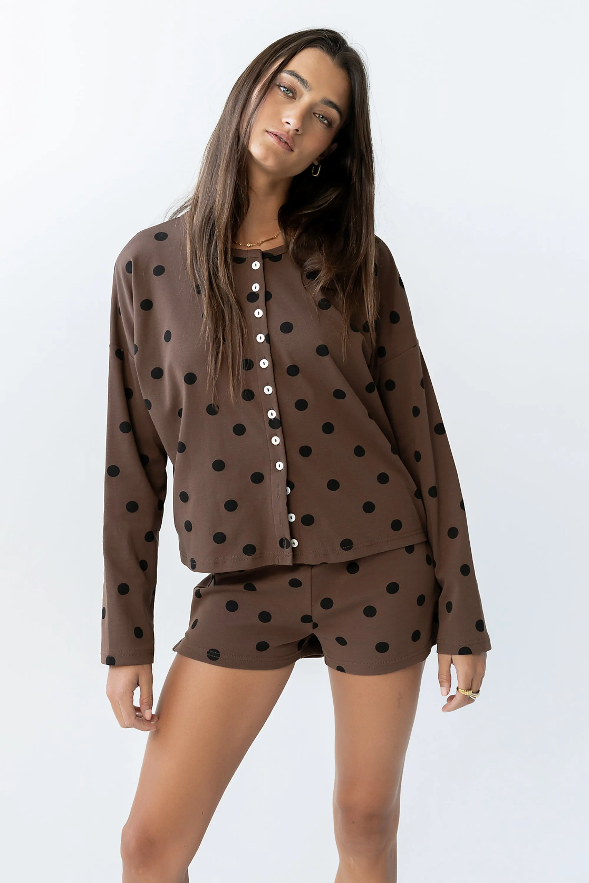 James Polka Dot Cardigan in Brown - FINAL SALE sold by bohme