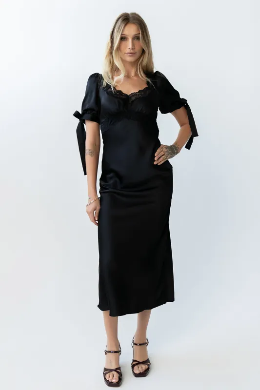 Amanda Lace Trim Maxi Dress in Black sold by bohme