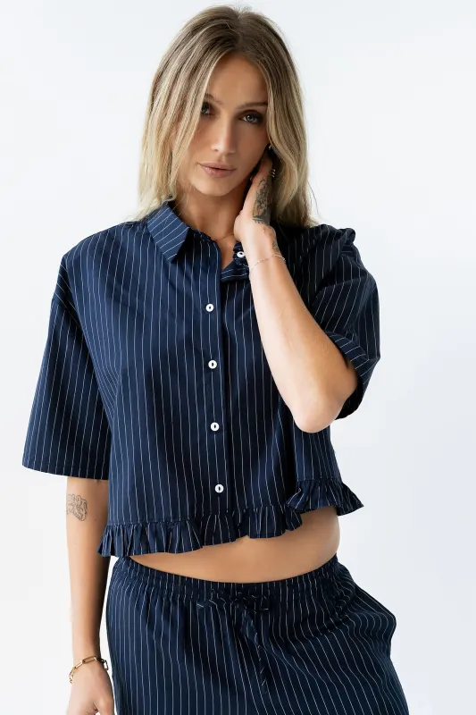 Melody Pinstripe Blouse in Navy sold by bohme