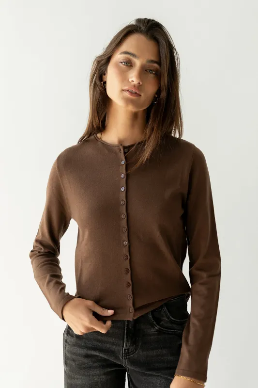 Maddy Button Up Cardigan in Brown sold by bohme