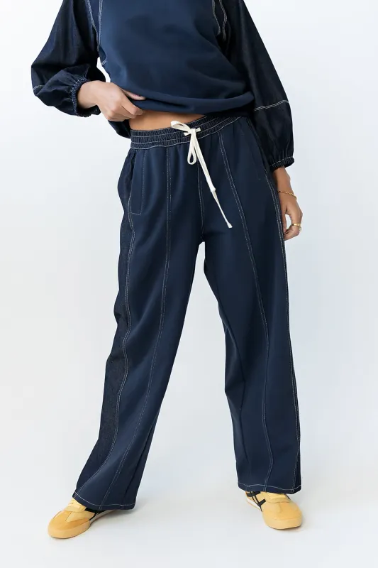 Malinda Mixed Media Baggy Pants in Dark Wash sold by bohme