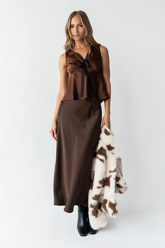 Tory Satin Maxi Skirt in Brown sold by bohme
