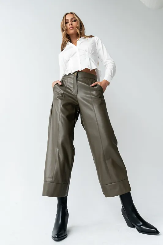 Ulani Vegan Leather Pants in Olive sold by bohme