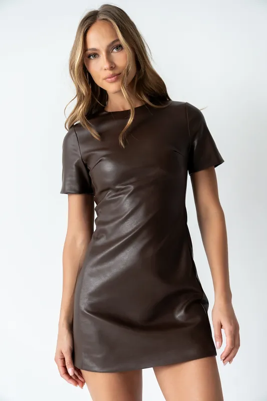 Moxie Vegan Leather Mini Dress in Brown sold by bohme
