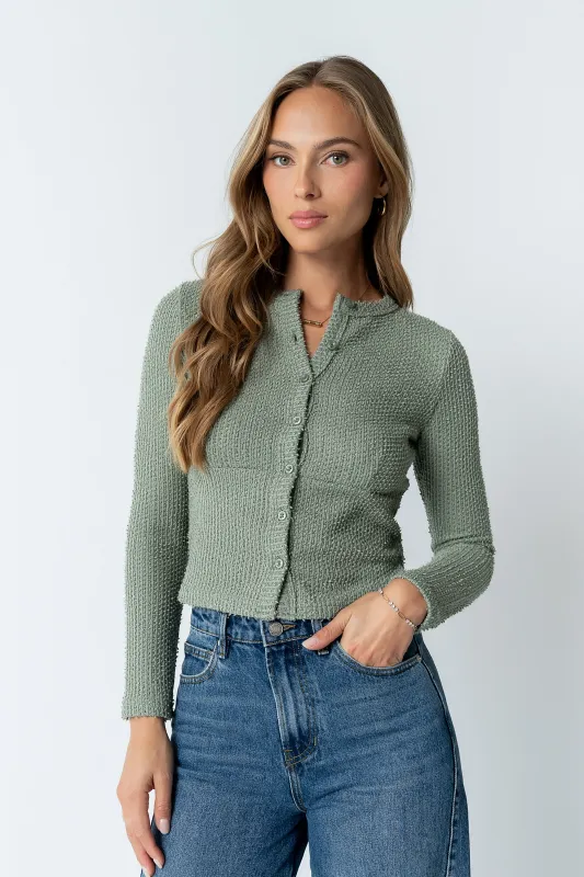 Mindy Button Front Sweater in Green sold by bohme