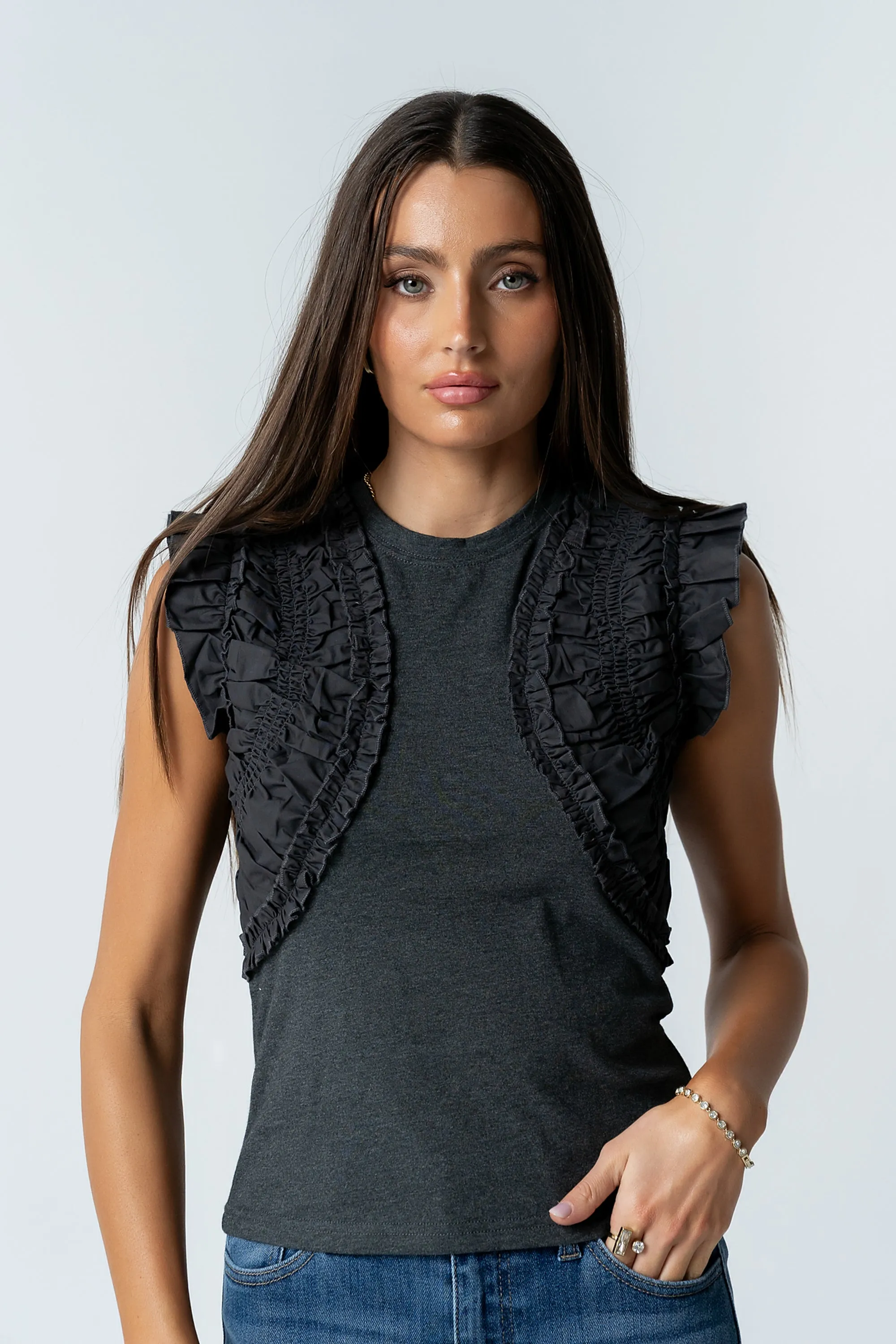 Storie Mixed Media Top in Charcoal sold by bohme