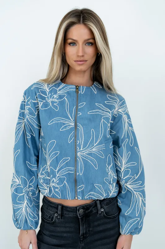 Sidney Embroidered Jacket in Medium Wash sold by bohme