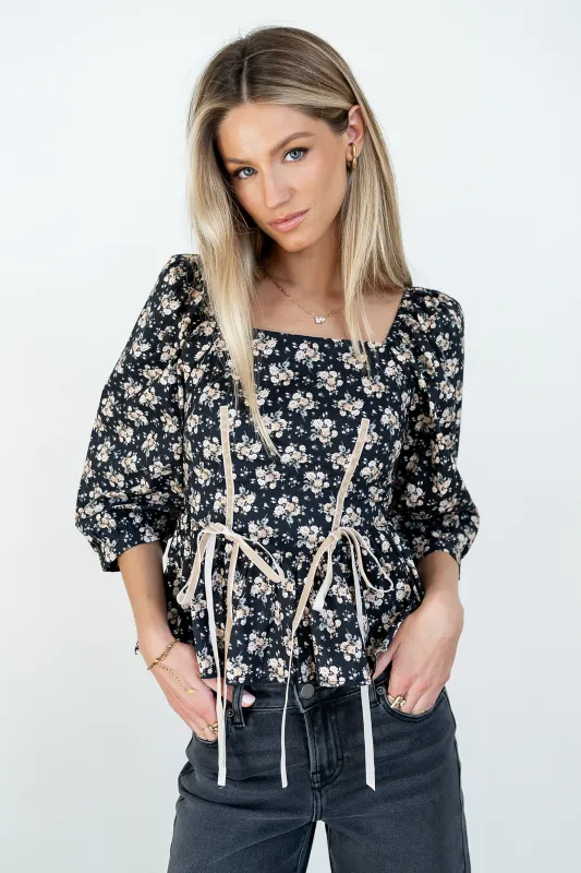 Jerzey Floral Peplum Blouse in Black made by bohme