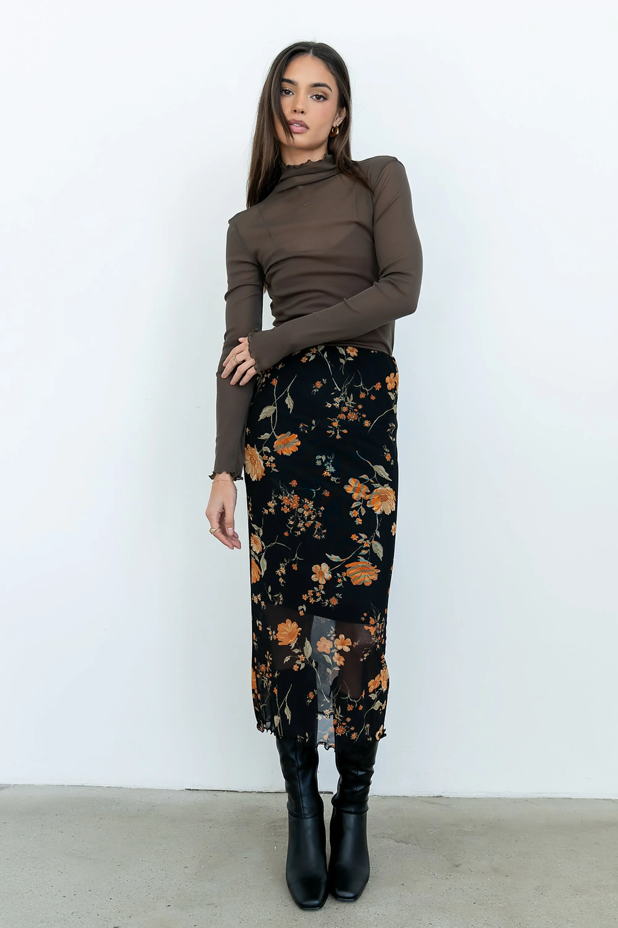 Carly Mesh Midi Skirt in Black sold by bohme