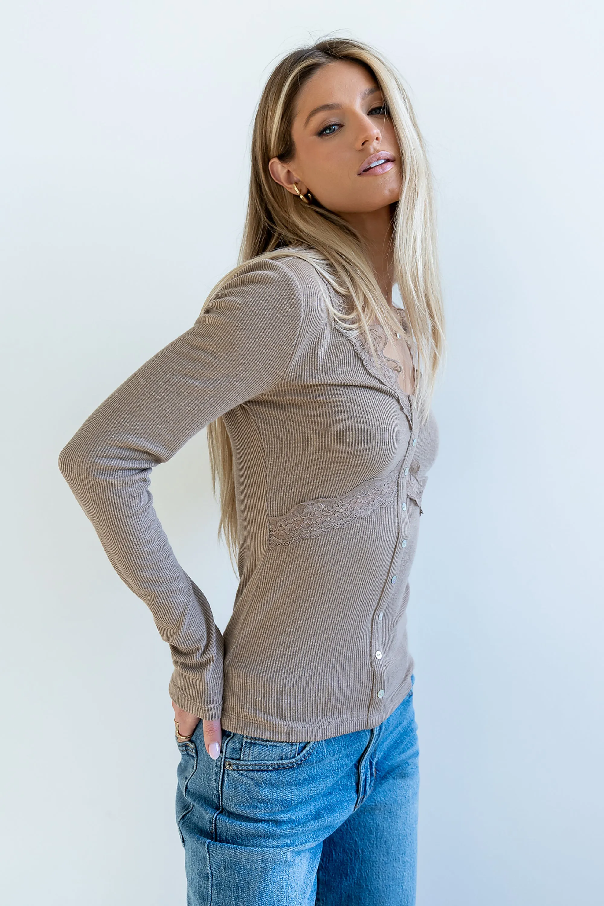 Bennet Lace Trim Top in Mocha sold by bohme product image thumbnail 3