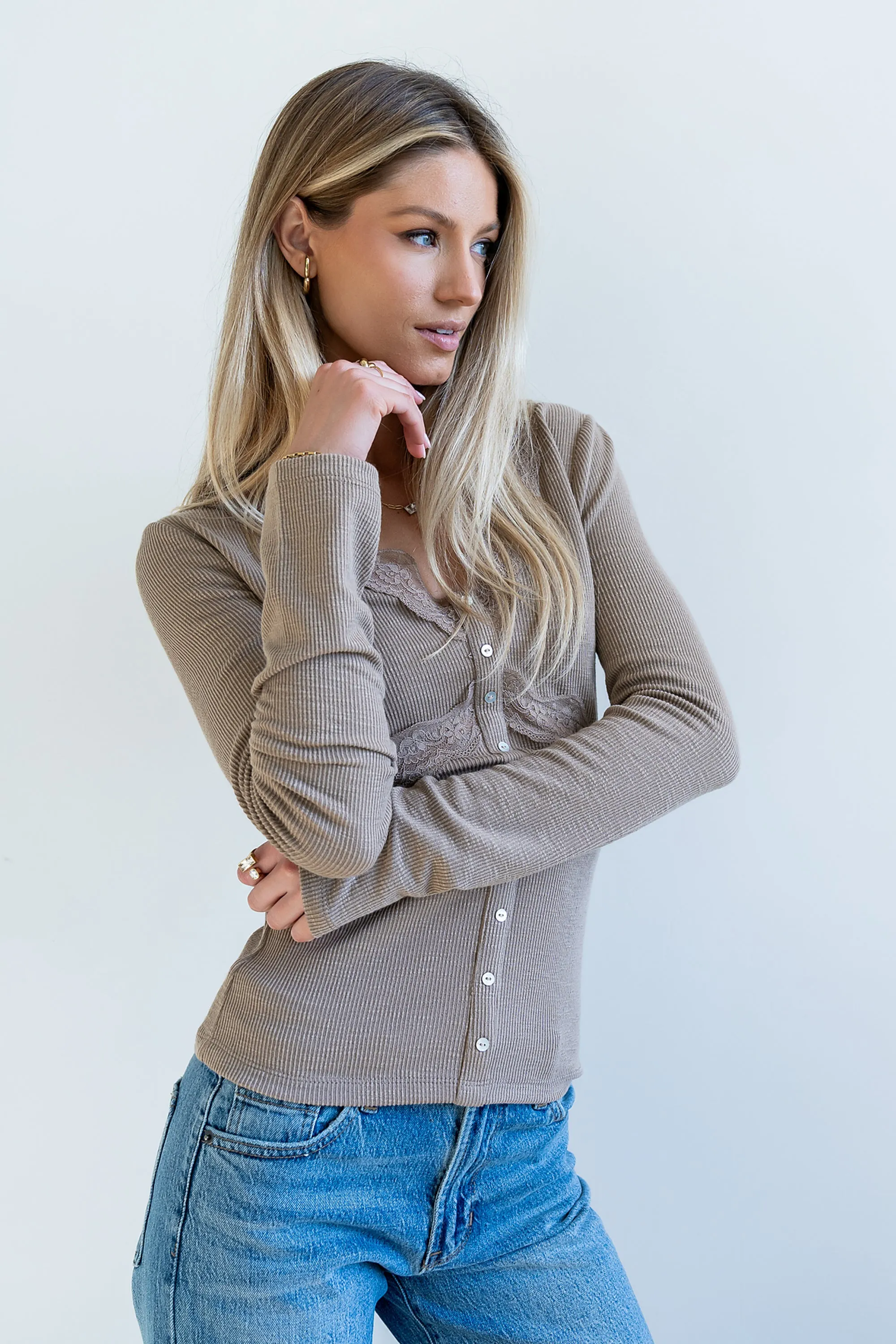 Bennet Lace Trim Top in Mocha sold by bohme product image thumbnail 2