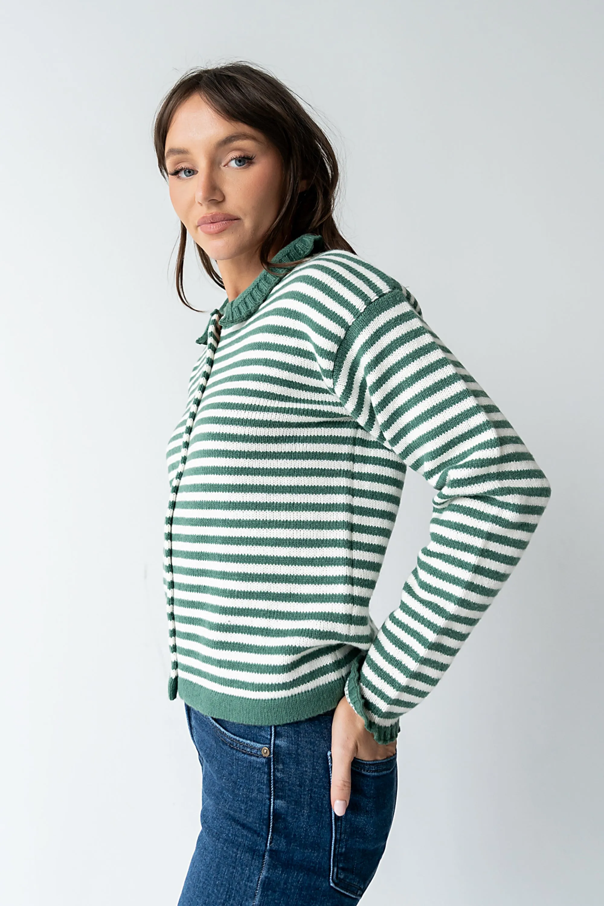 Brenna Striped Cardigan in Olive sold by bohme product image thumbnail 3