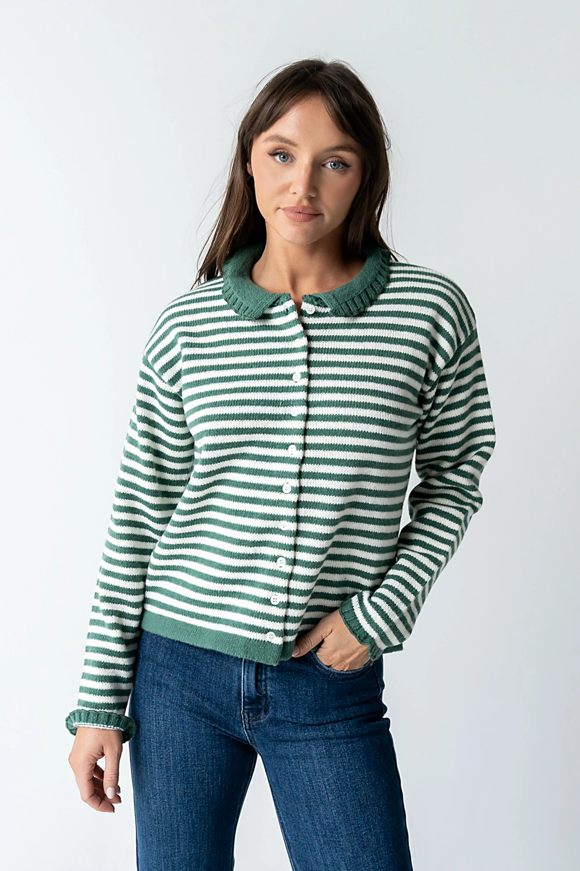 Brenna Striped Cardigan in Olive sold by bohme