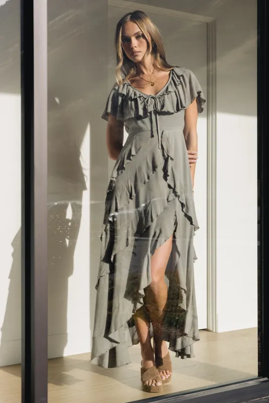 Kora Ruffle Maxi Dress in Olive - FINAL SALE made by bohme