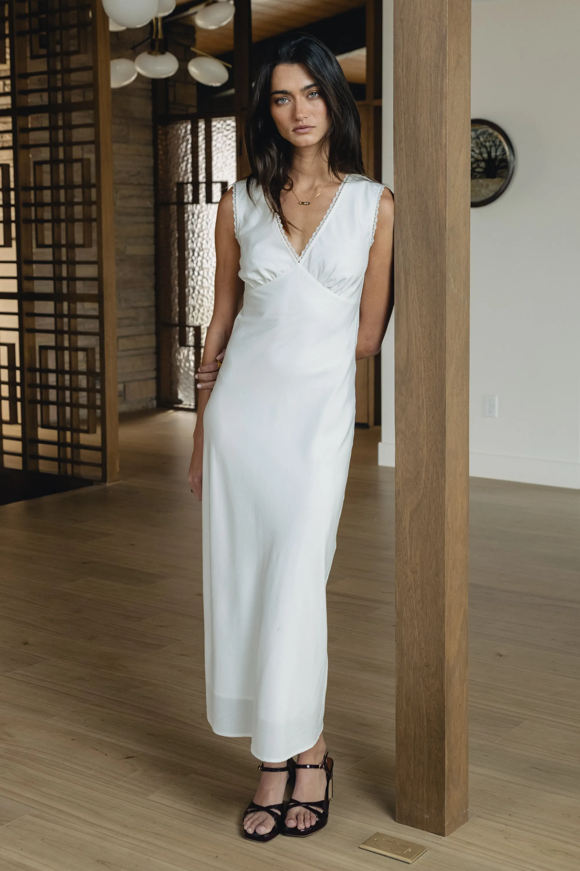 Hailey Lace Trim Maxi Dress in Ivory sold by bohme
