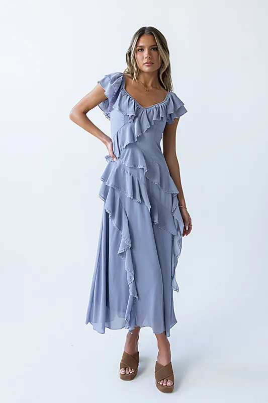 Quinton Ruffle Maxi Dress in Blue made by bohme
