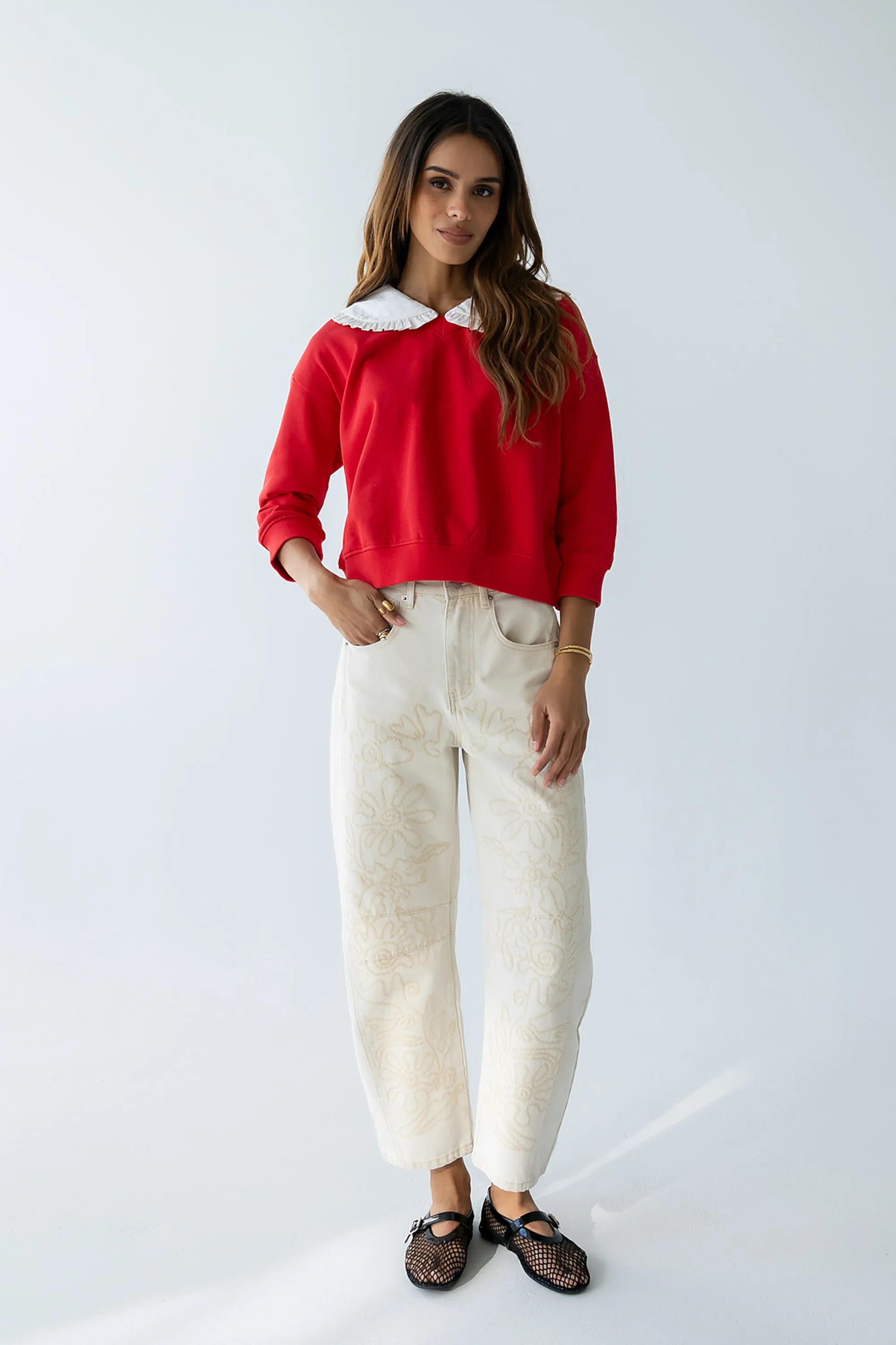 Kinsey Embroidered Barrel Jeans in Beige sold by bohme product image thumbnail 5