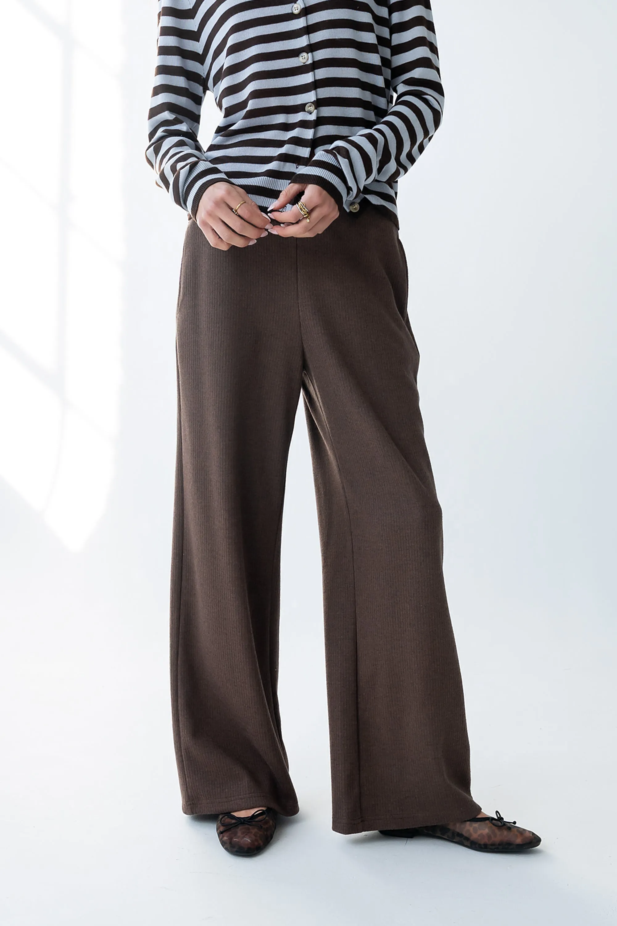 Ronda Ribbed Wide Leg Pants in Brown sold by bohme
