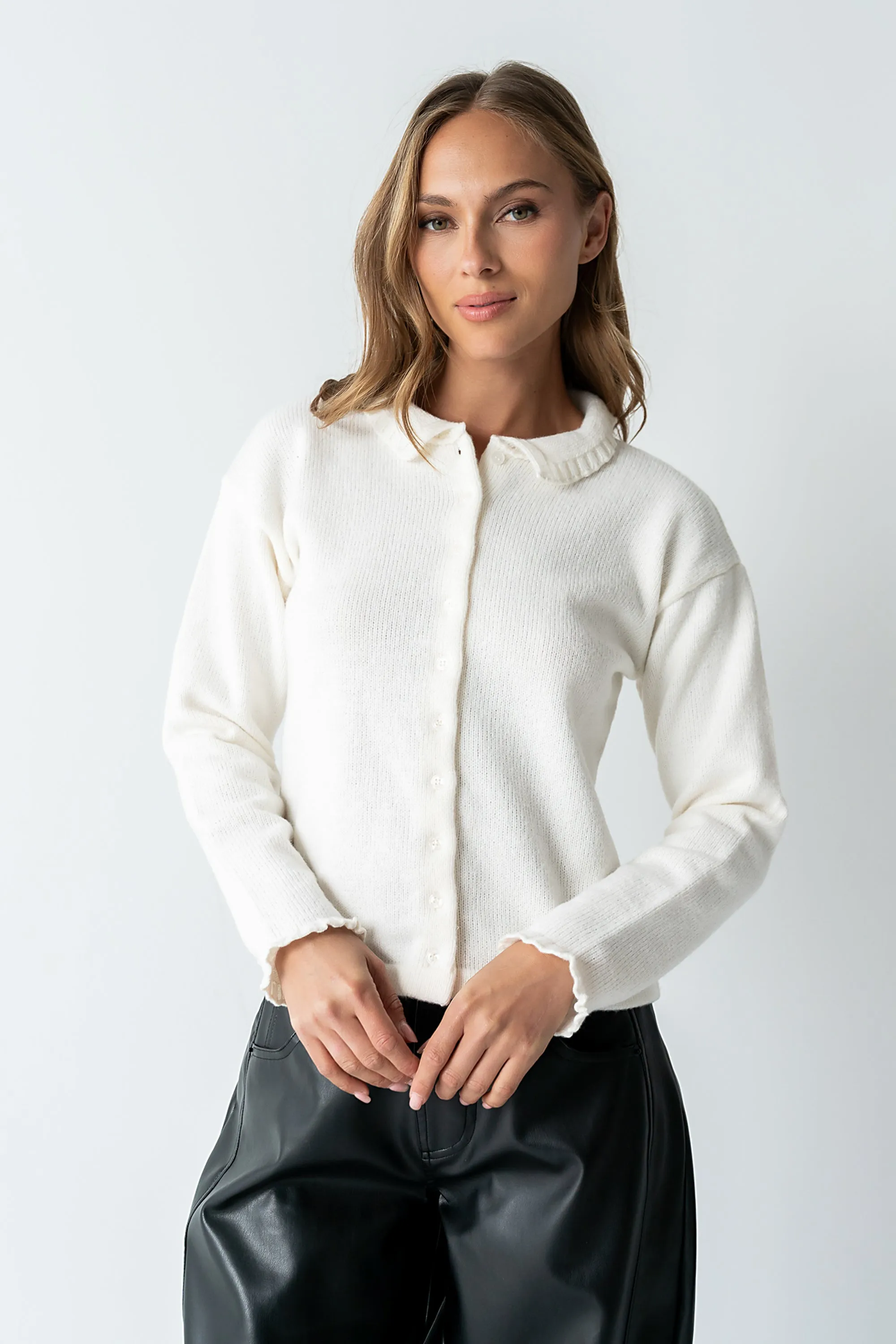 Trixie Ruffled Cardigan in Ivory sold by bohme