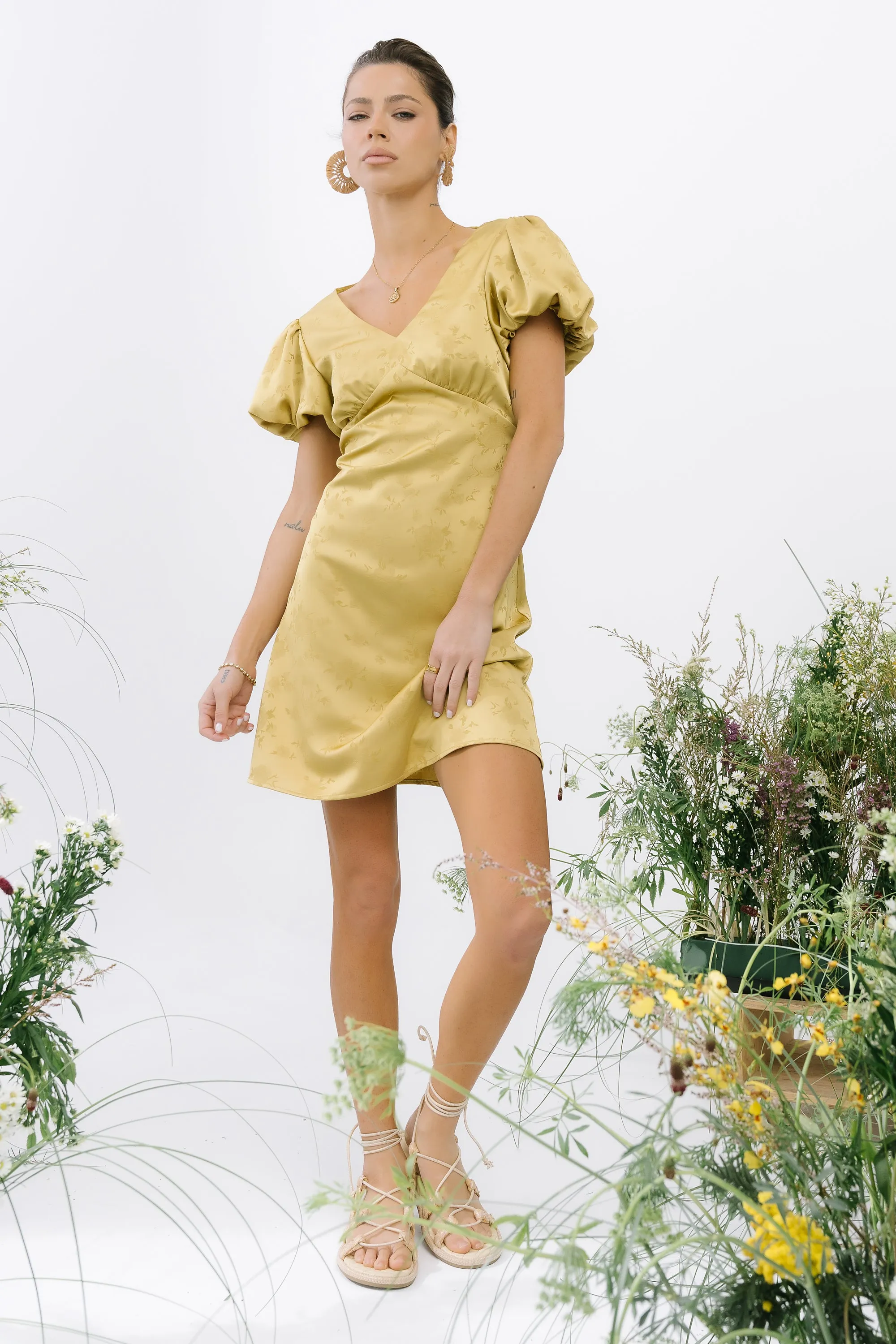 Brenna Floral Mini Dress in Chartreuse sold by bohme product image thumbnail 5