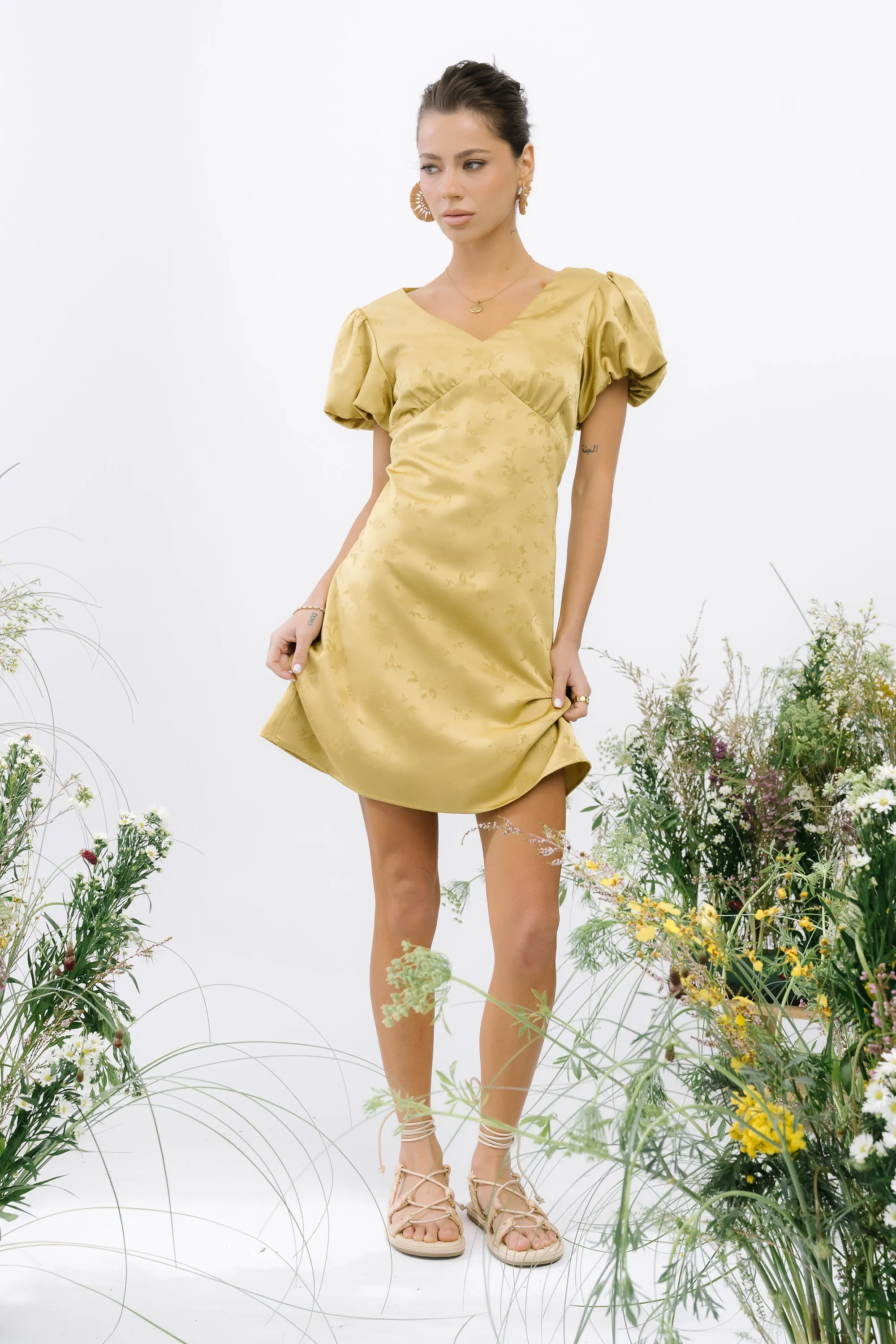 Brenna Floral Mini Dress in Chartreuse sold by bohme product image thumbnail 4
