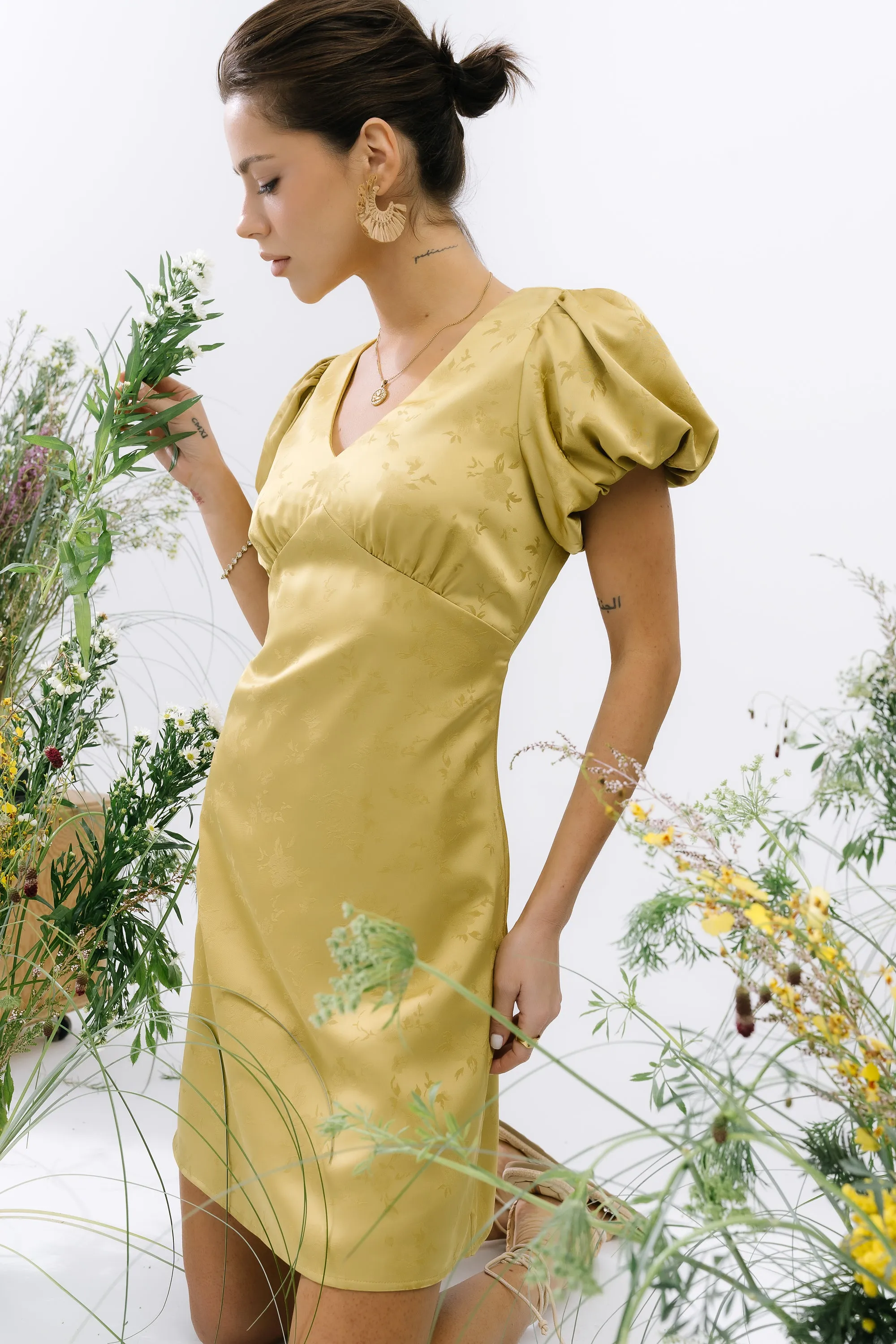 Brenna Floral Mini Dress in Chartreuse sold by bohme