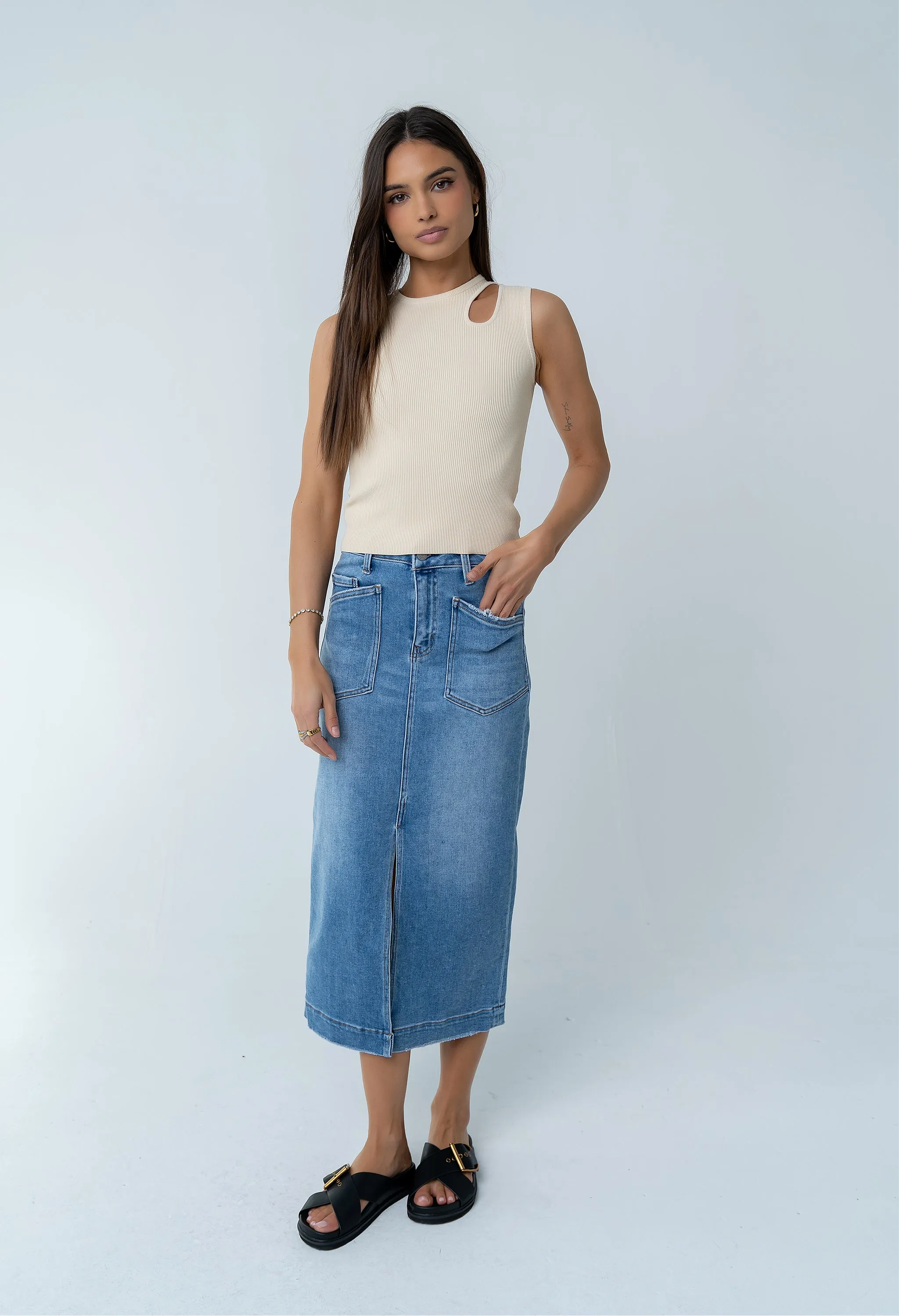 Landry Denim Midi Skirt sold by bohme